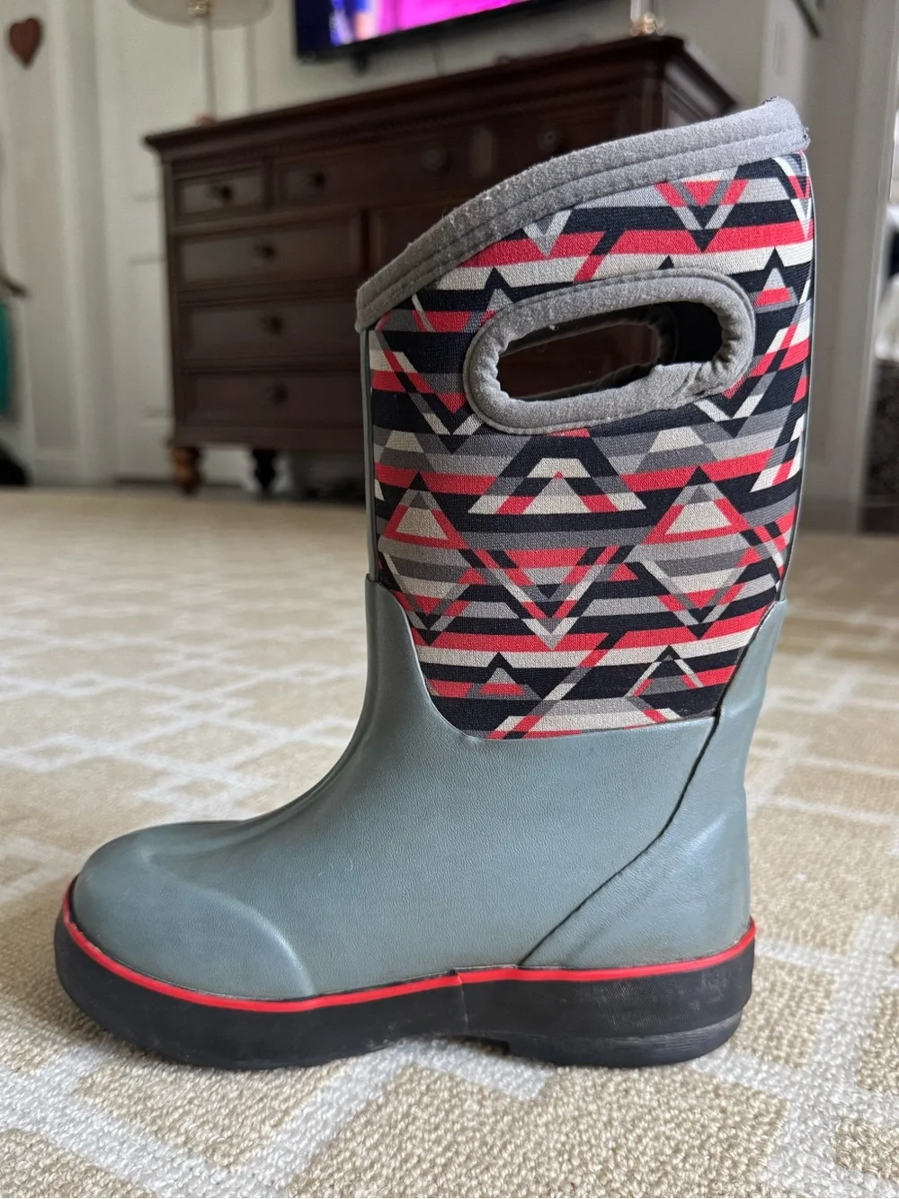 BOGS Classic II Mid Geometric Waterproof Insulated Boots Gray Red Kids 13